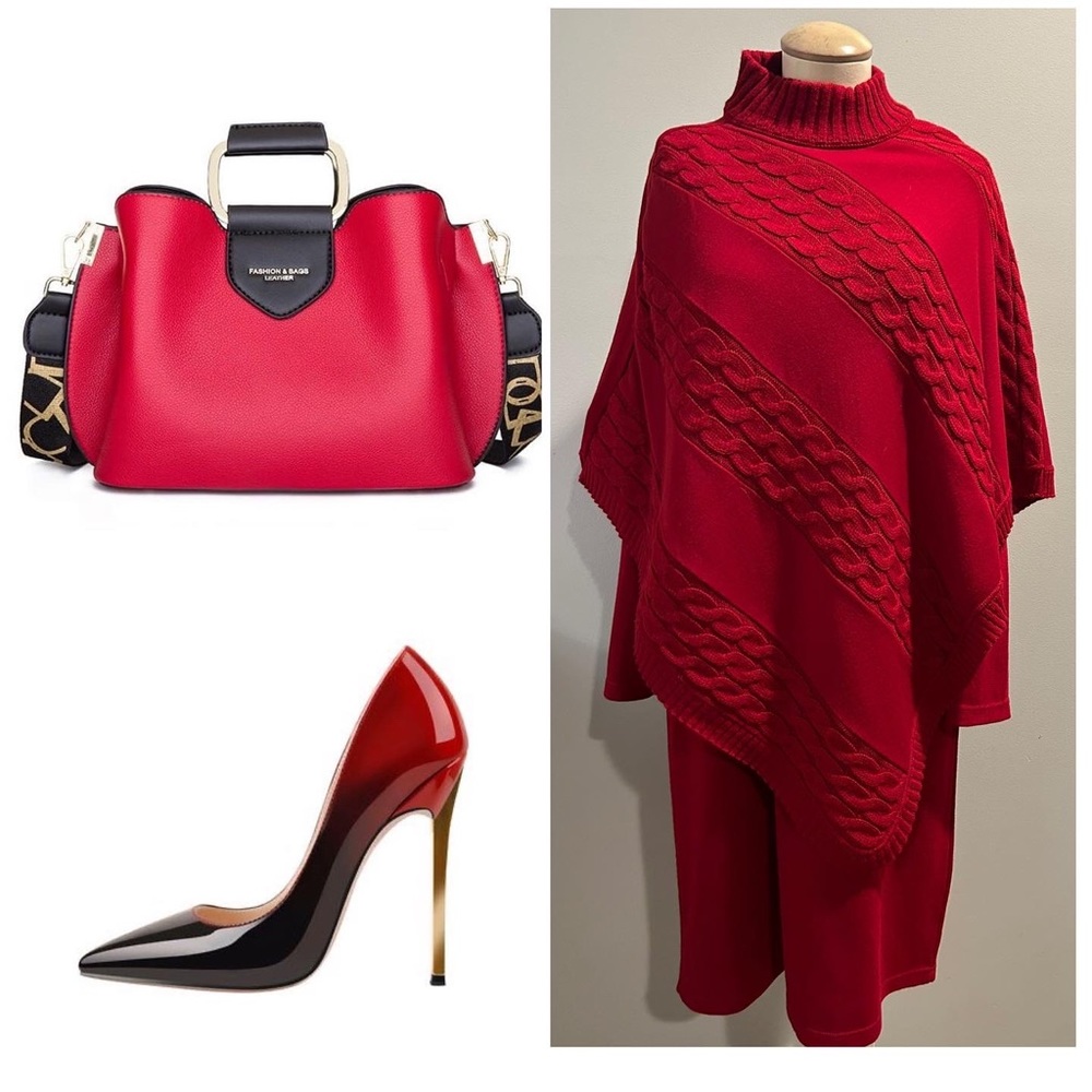 KIM ROGERS RED KNITTED DRESS/PONCHO SET/ NWT  / SIZE LARGE